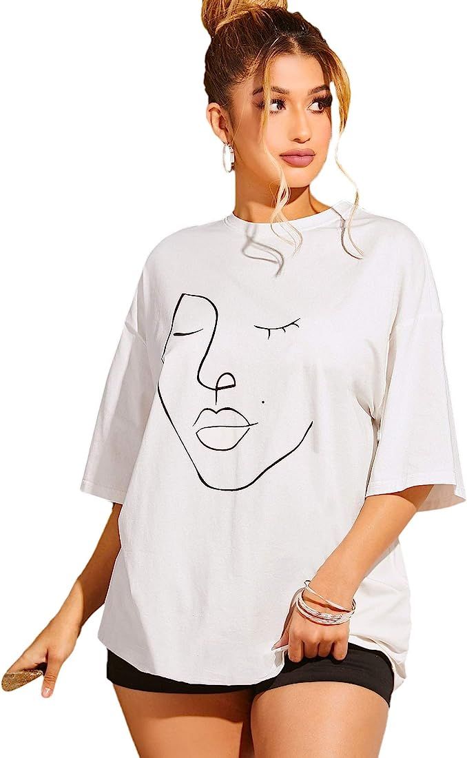 SheIn Women's Figure Graphic Oversized Loose Half Sleeve Tee Shirt | Amazon (US)