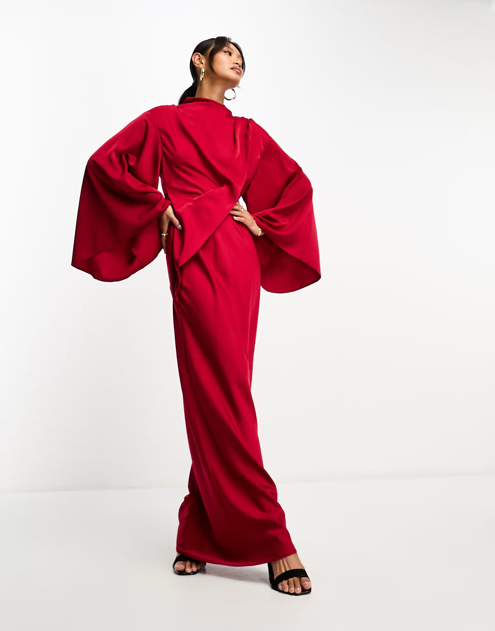 ASOS DESIGN Satin wrap maxi dress with drape bodice and kimono sleeve in deep red | ASOS (Global)