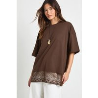 boohoo Women's Oversized T-Shirt With Lace Hem Trim in Chocolate | Size: 6 | Knitted | boohoo (US & Canada)
