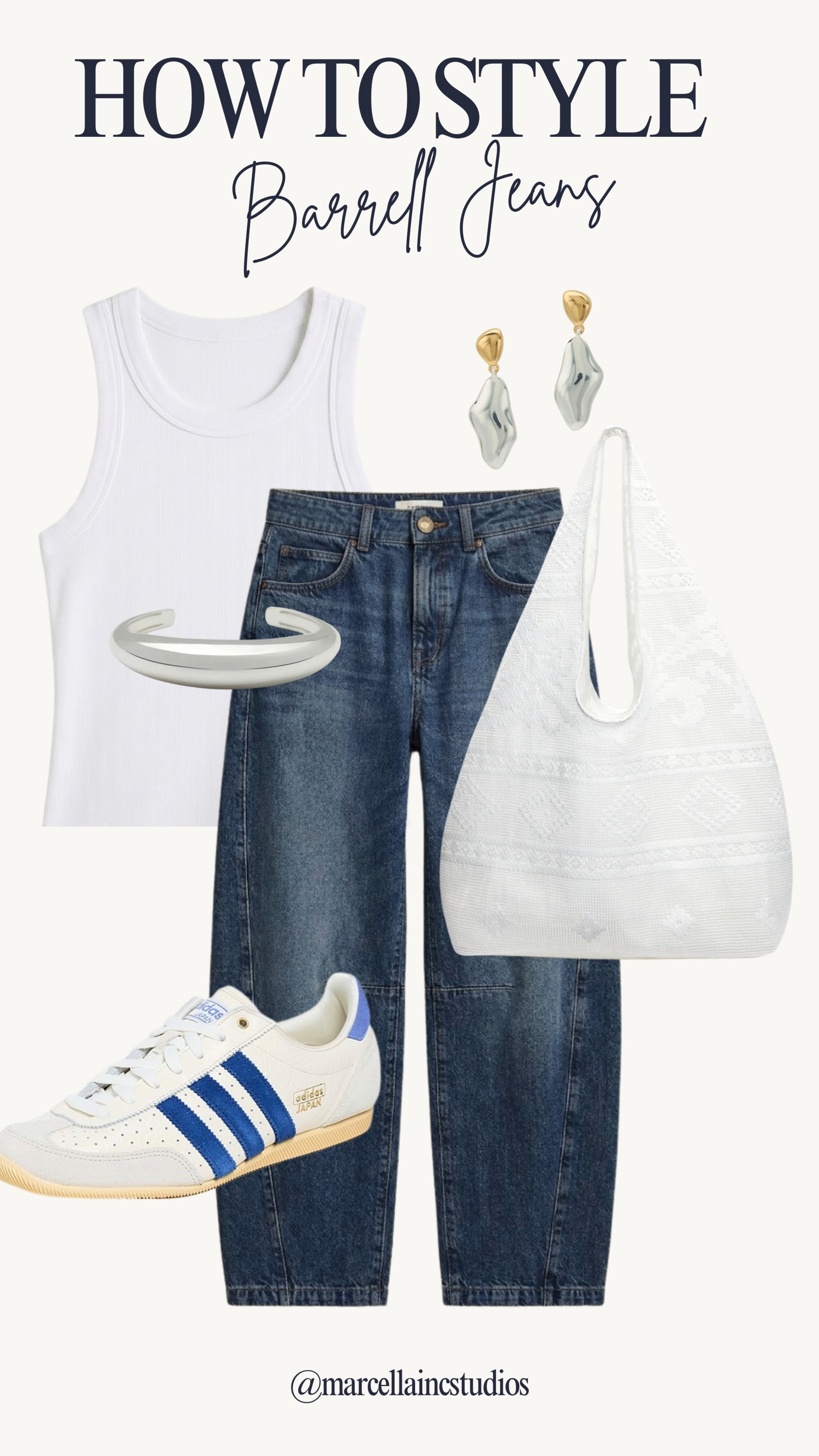 How to style barrel jeans for summer 2026. 👇
OUTFIT DETAILS:
Jeans: Dark wash barrel leg jeans / horseshoe jeans trend
Top: White ribbed knit tank top / high-neck bodysuit
Shoes: Adidas Samba sneakers / retro white and blue trainers
Accessories: White minimalist shoulder bag / silver claw clip / drop statement earrings

STYLE CATEGORIES:
Casual summer outfit ideas, capsule wardrobe essentials, street style lookbook, effortless chic aesthetics, Pinterest outfits, everyday style inspiration.

#barreljeans #horseshoejeans #howtostyle #summeroutfits #casualoutfits #adidassambas #capsulewardrobe #adidasjapan #ltkstyletip

#LTKootd #LTKOver40 #LTKTravel