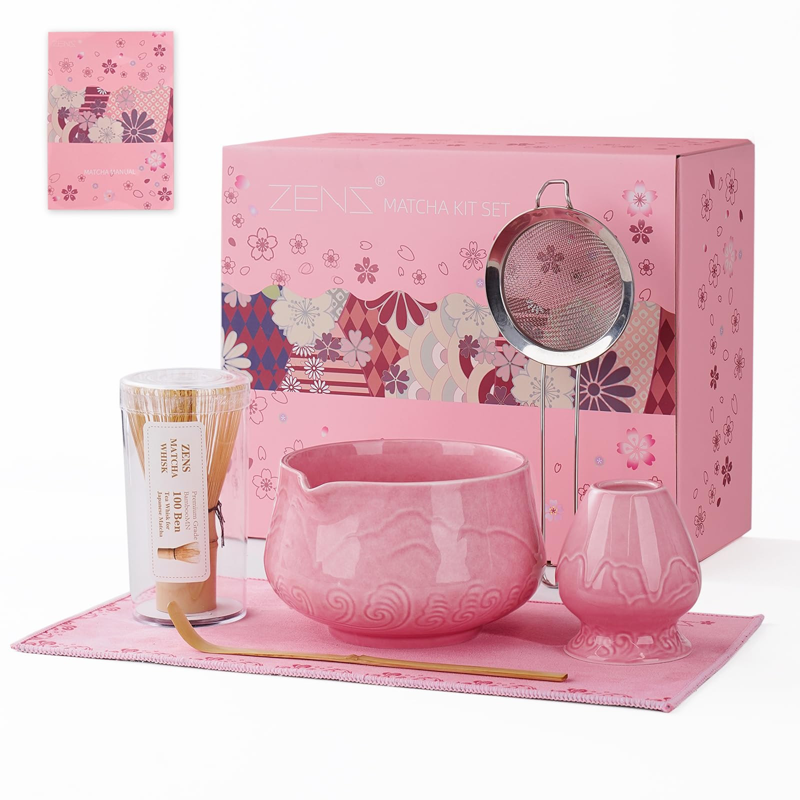 ZENS Matcha Whisk Set, 6pcs Matcha Set Pink Includes 15oz Ceramic Bowl and Bamboo Whisk (Chasen H... | Amazon (US)