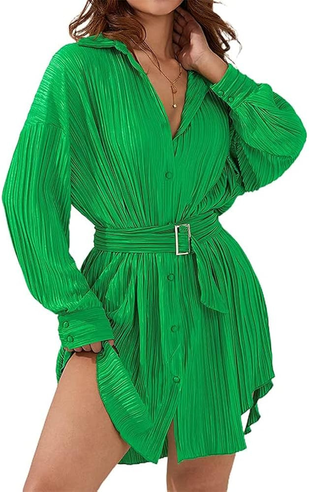 ABYOVRT Women Shirt Dresses Long Sleeve Pleated Mini Dress Casual Button Down Tunic Tops with Bel... | Amazon (US)