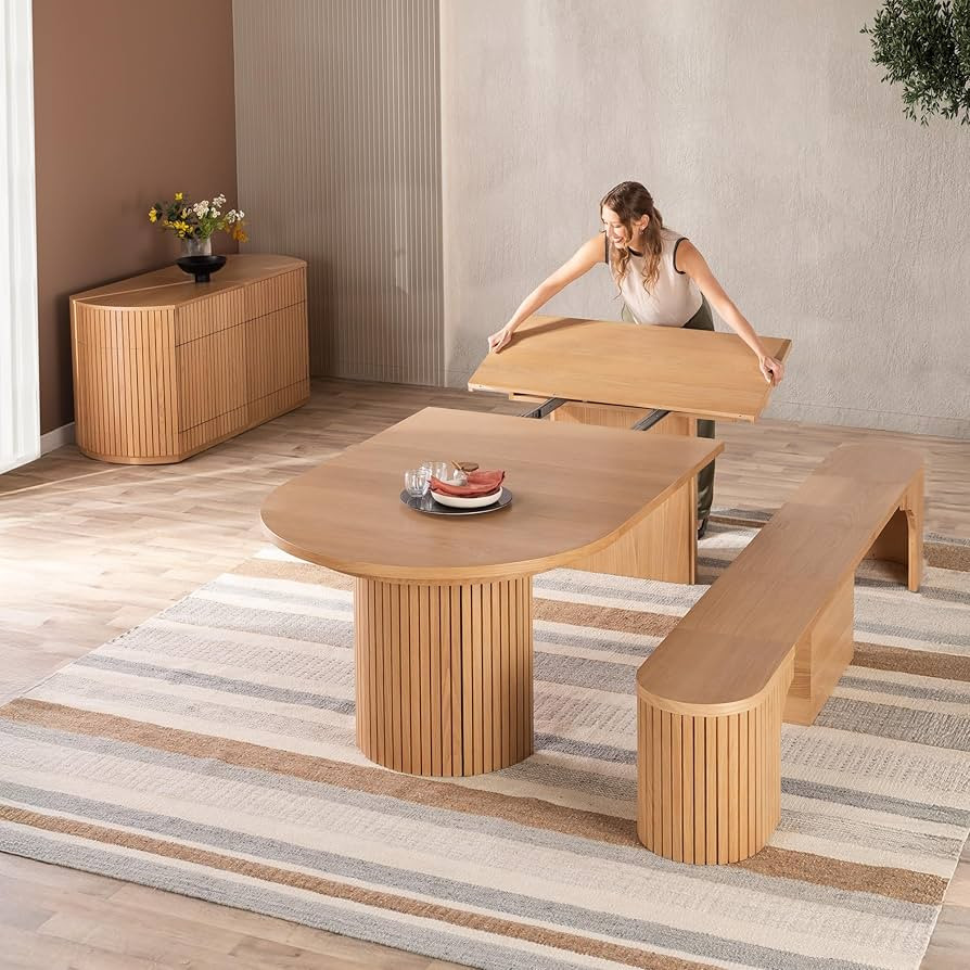 Transformer Table - Solid Wood Extendable Round Dining Table Set with Bench and Sideboard Storage... | Amazon (US)