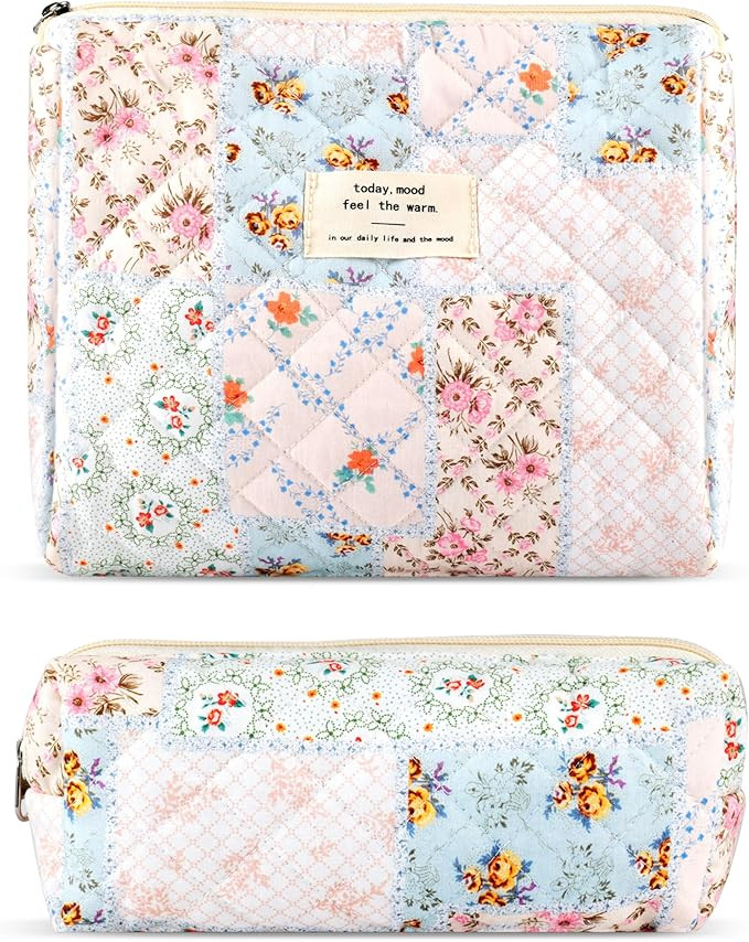 2Pcs Quilted Cotton Makeup Bag Large Travel Makeup Pouch Small Brush Holder Set for Women Cute Fl... | Amazon (US)
