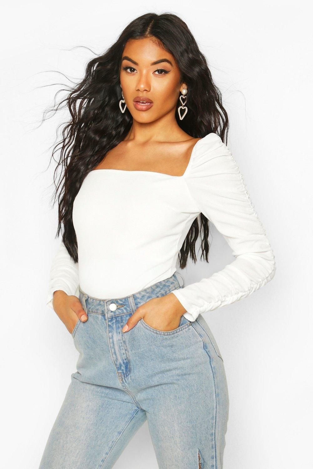 Womens Crepe Square Neck Ruched Sleeve Top - White - 10 | Boohoo.com (US & CA)