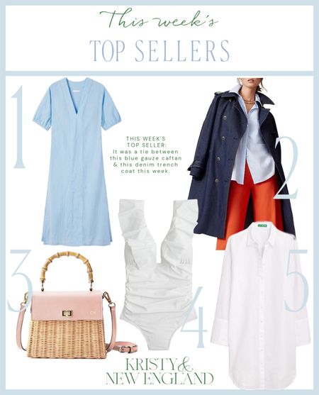 This week’s top sellers: Blue caftan, denim trench coat, wicker and bamboo crossbody bag, white ruffle swimsuit (available in long torso), white linen beach cover-up shirt

#LTKitbag #LTKSeasonal #LTKover40