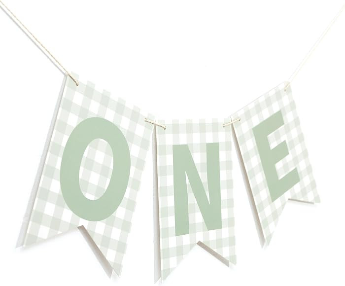 Sage Green Gingham One High Chair Banner - Green Gingham First/1st Birthday Decoration, Boy/Girl ... | Amazon (US)