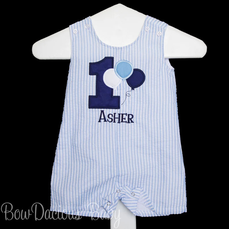 Monogrammed Baby Boy Birthday Romper, Personalized Boys Jon Jon, Balloon Birthday Outfit, Cake Sm... | Etsy (US)