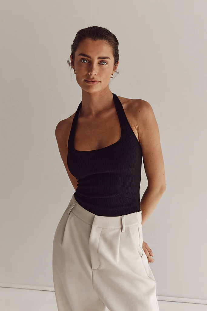 EDDISON BLACK KNIT HALTER TOP | DISSH