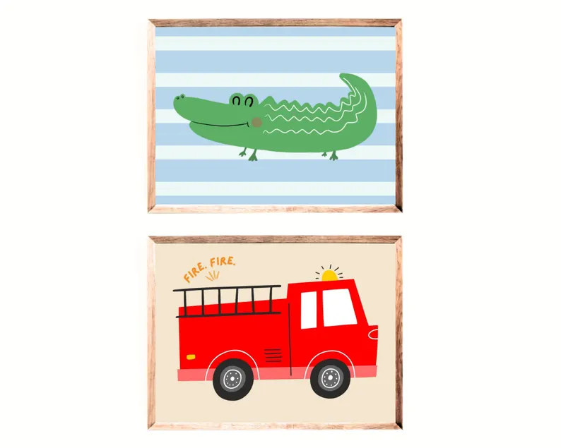 Alligator & Firetruck Digital Prints for Toddler Boy Room Kids Bedroom Decor, Printable Wall Art ... | Etsy (US)