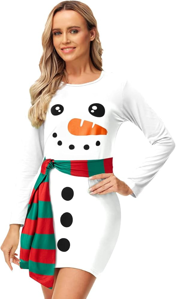 Snowman Dresses Women Christmas Long Sleeve Dress Xmas Print Funny Bodycon Dress with Scarf | Amazon (US)