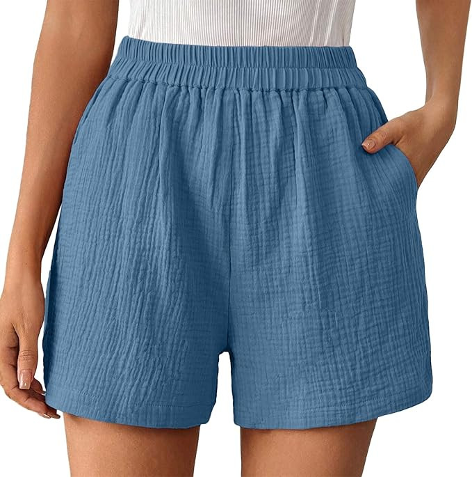 Rvidbe Women's Linen Cotton Shorts Casual Elastic Waist Wide Leg Summer Shorts with Pockets Loose... | Amazon (US)