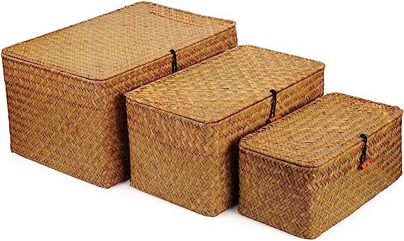 DOKOT Woven Wicker Storage Bins with Lid, Seagrass Basket for Shelf Organizer, Extra Large, Set o... | Amazon (US)