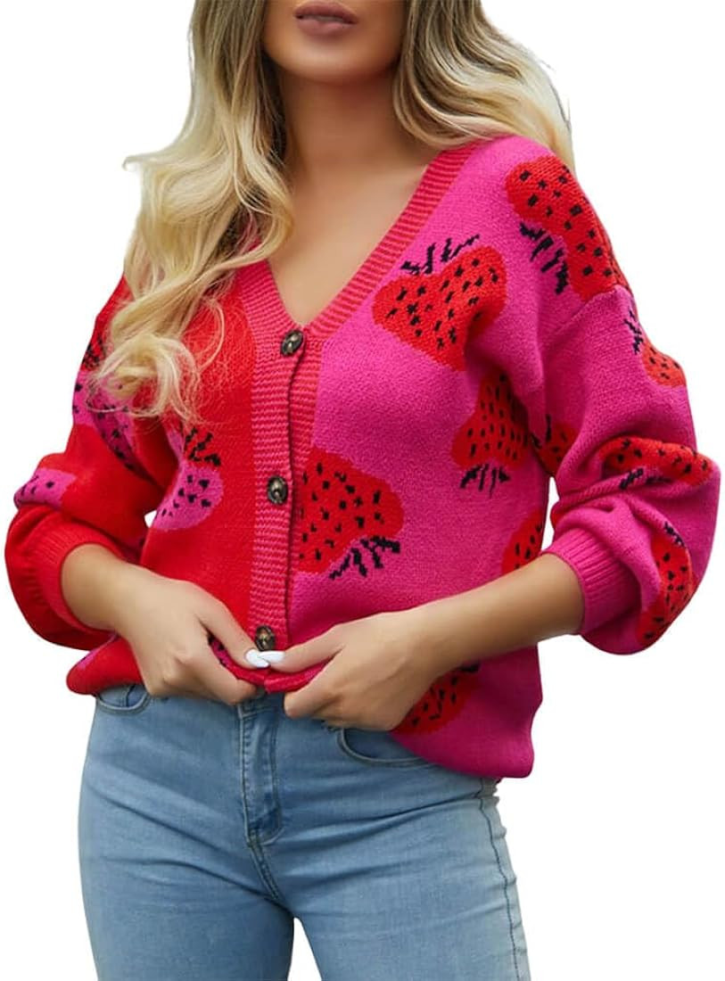 CHARTOU Women's Fall Casual Slouchy Strawberry Print Color Block Button Down Cardigan Sweater | Amazon (US)
