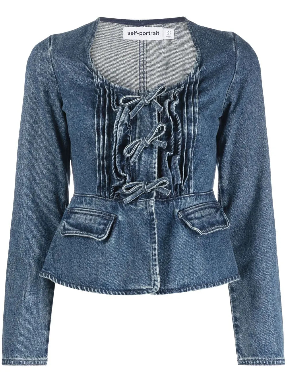 Self-Portrait bow-detailed Denim Blouse - Farfetch | Farfetch Global