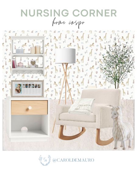 Make your nursing corner cozier and more stylish with this inspo: cute animal-themed wallpaper, neutral rug, rocking chair, a white side table, and more!
#interiordeisgn #affordablefinds #homefurniture #designtips

#LTKSeasonal #LTKHome #LTKStyleTip
