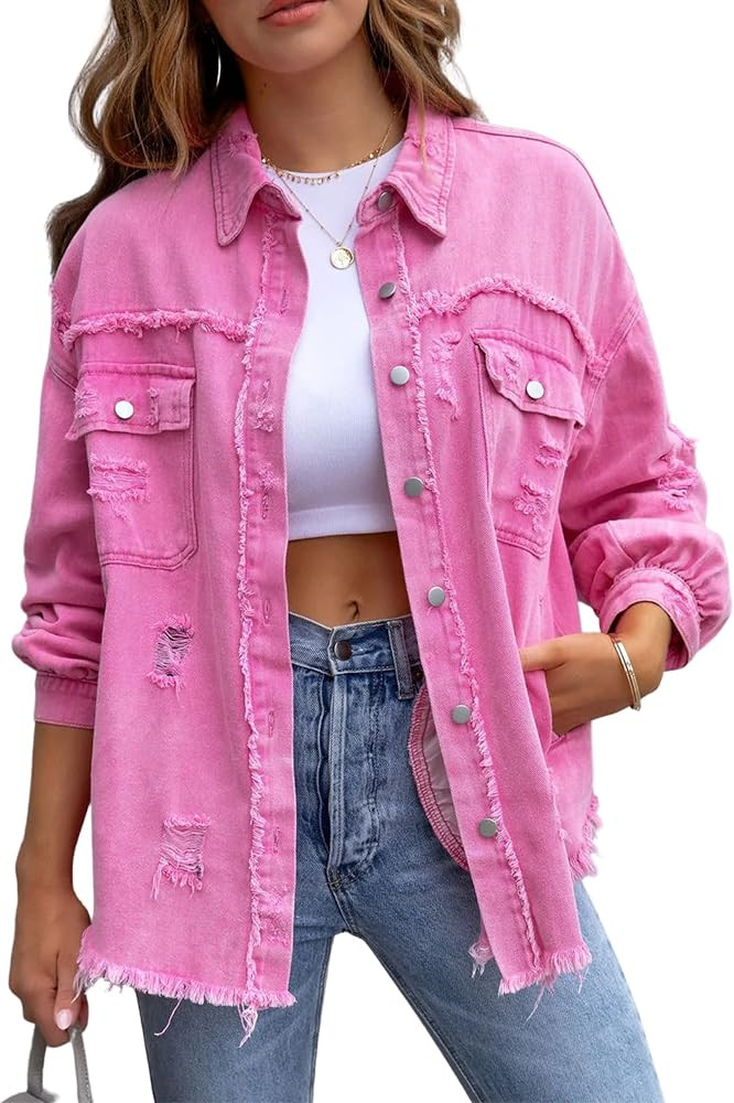 Omoone Women's Ripped Distressed Denim Jacket Casual Long Sleeve Boyfriend Jean Coat Basic Trucke... | Amazon (US)