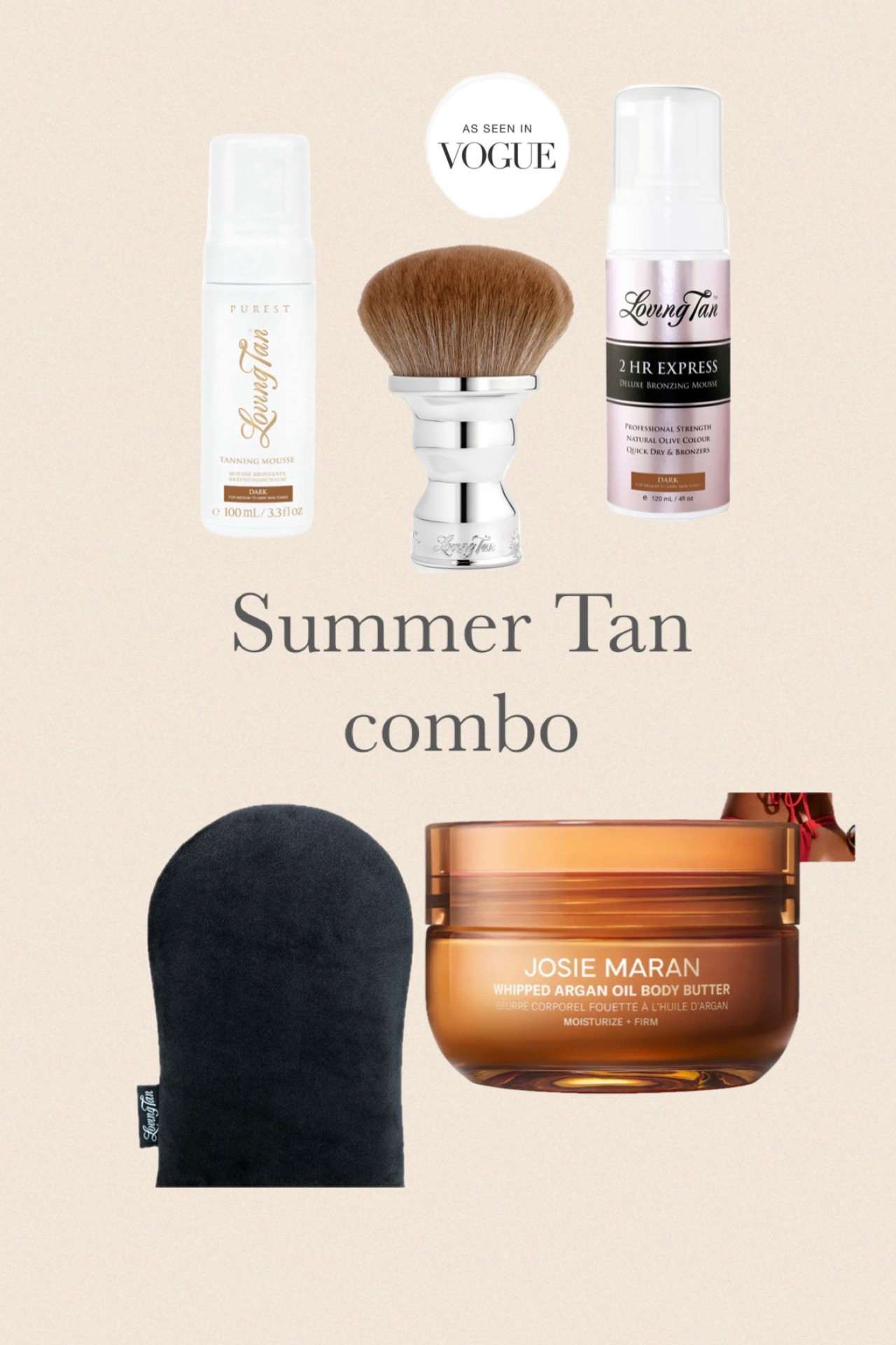 My summer tan combo. Loving tan does not suggest to moisturize prior to apply self tanner. Well I disagree. I always moisturize with Josie Maran golden glow prior and it makes for the most beautiful tan. This tan combo last about a week for me. Also one thing no one tells you is adding a self tanner to your summer skin actually protects your skin from sunburns. Please keep in mind not long exposure sun, I’m suggesting freshly applied self tanner, sitting out by the pool in indirect sunshine for a few hours. If longer in the sun always apply sunscreen. I have olive complexion skin. 

#LTKTravel