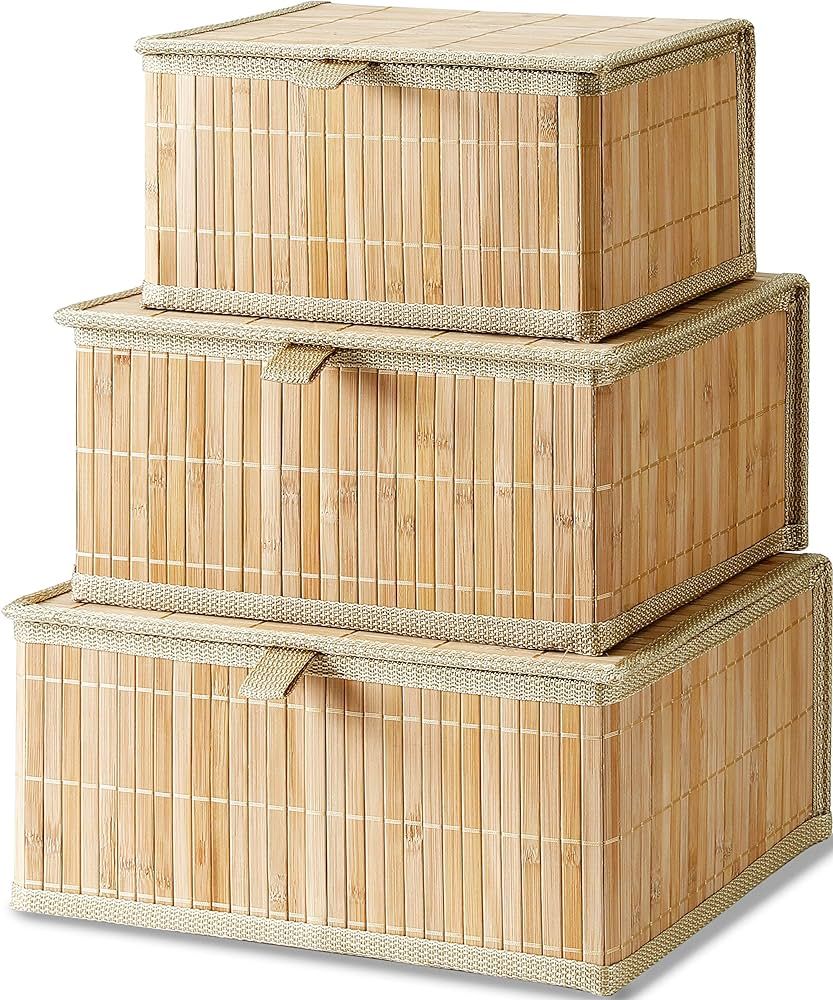 Honygebia Bamboo Decorative Storage Boxes - Set of 3 Woven Lined Storage Basket with Lids, Beige ... | Amazon (US)