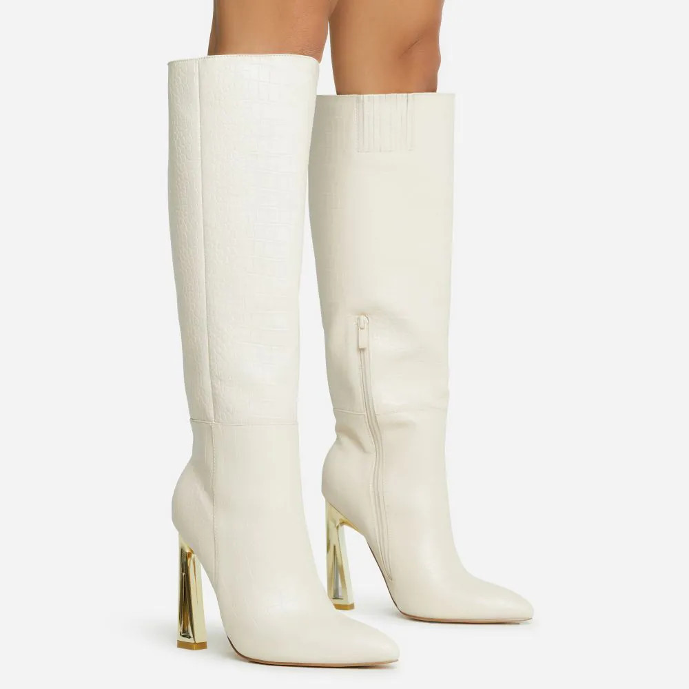 Role-Play Pointed Toe Cut Out Metallic Heel Knee High Long Boot In Cream Croc Print Faux Leather | EGO Shoes (US & Canada)