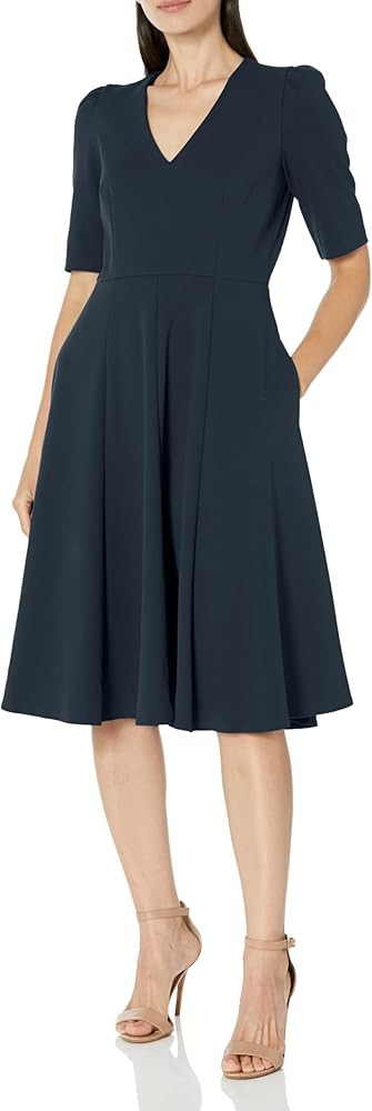 Donna Morgan Women's Stretch Crepe Elbow Sleeve V-Neck Fit and Flare Midi Dress | Amazon (US)