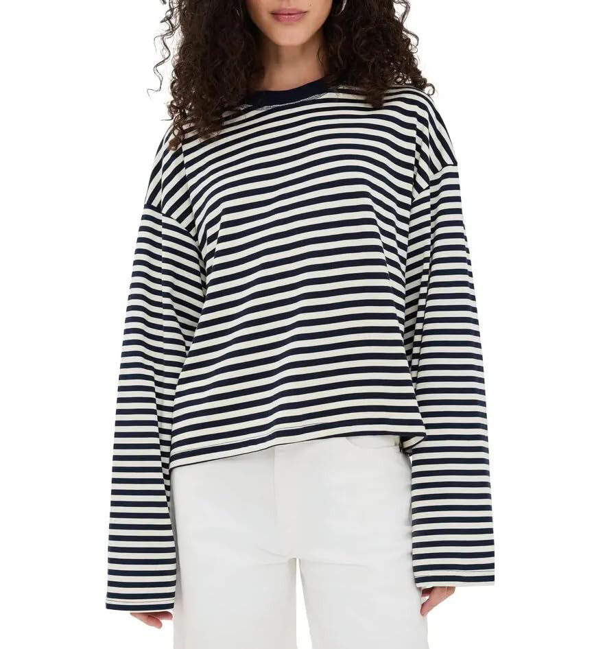 KOSUSANILL Women Oversized Striped Long Sleeve Shirt Crewneck Cropped Tops Drop Shoulder Y2K Prep... | Amazon (US)