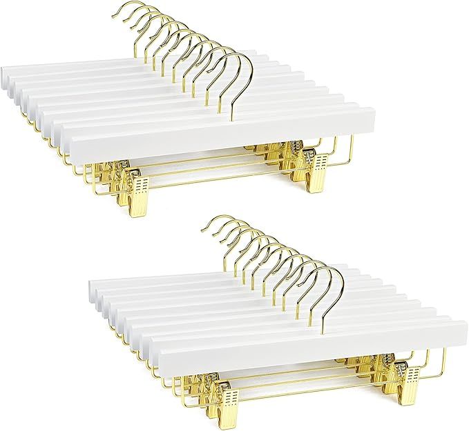 Amber Home 24 Pack White Wooden Pants Skirts Hangers with Gold Hook, Solid Wood Trousers Bottom H... | Amazon (US)