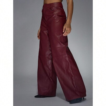 Woven Faux Leather Wide Leg Pants Office Wear | SHEIN