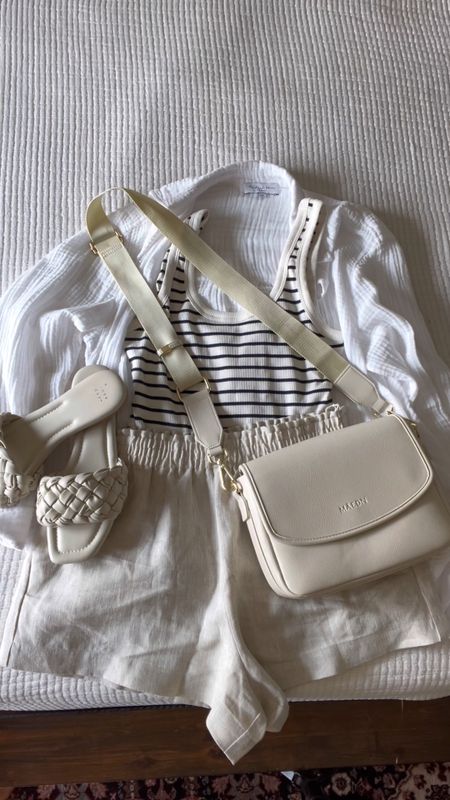 Look chic in the heat: neutral + stripes for an on the go look w/ a tank, linen shorts, white shirt, slides, crossbody bag + sunglasses 

#LTKstyletip #LTKunder100 #LTKFind