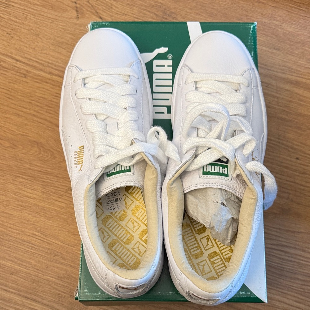 Puma White Basket Classic Low-Top Sneakers with Green Logo | Poshmark