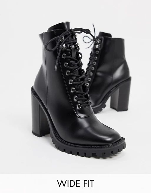 ASOS DESIGN Wide Fit Bobbie lace up heeled boots in black | ASOS (Global)