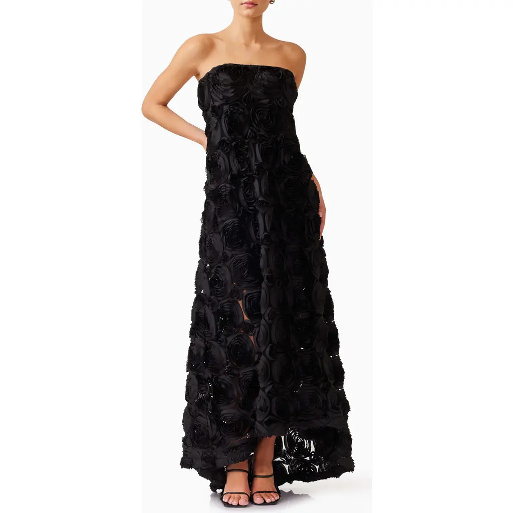 Elliatt Selena Rosette Strapless Maxi Dress in Black at Nordstrom, Size Large | Nordstrom