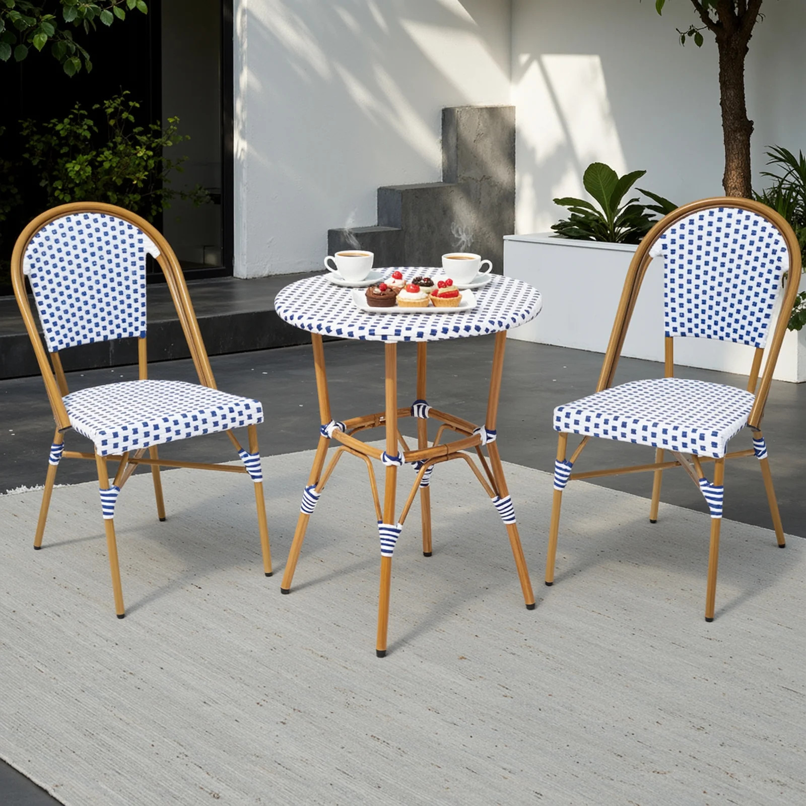 Dovov Outdoor Aluminum French Bistro Set, 3 Piece French Bistro Table Chairs Set, Outdoor Wicker Round Table & 2 Dining Chairs, Bamboo Finish | Walmart (US)
