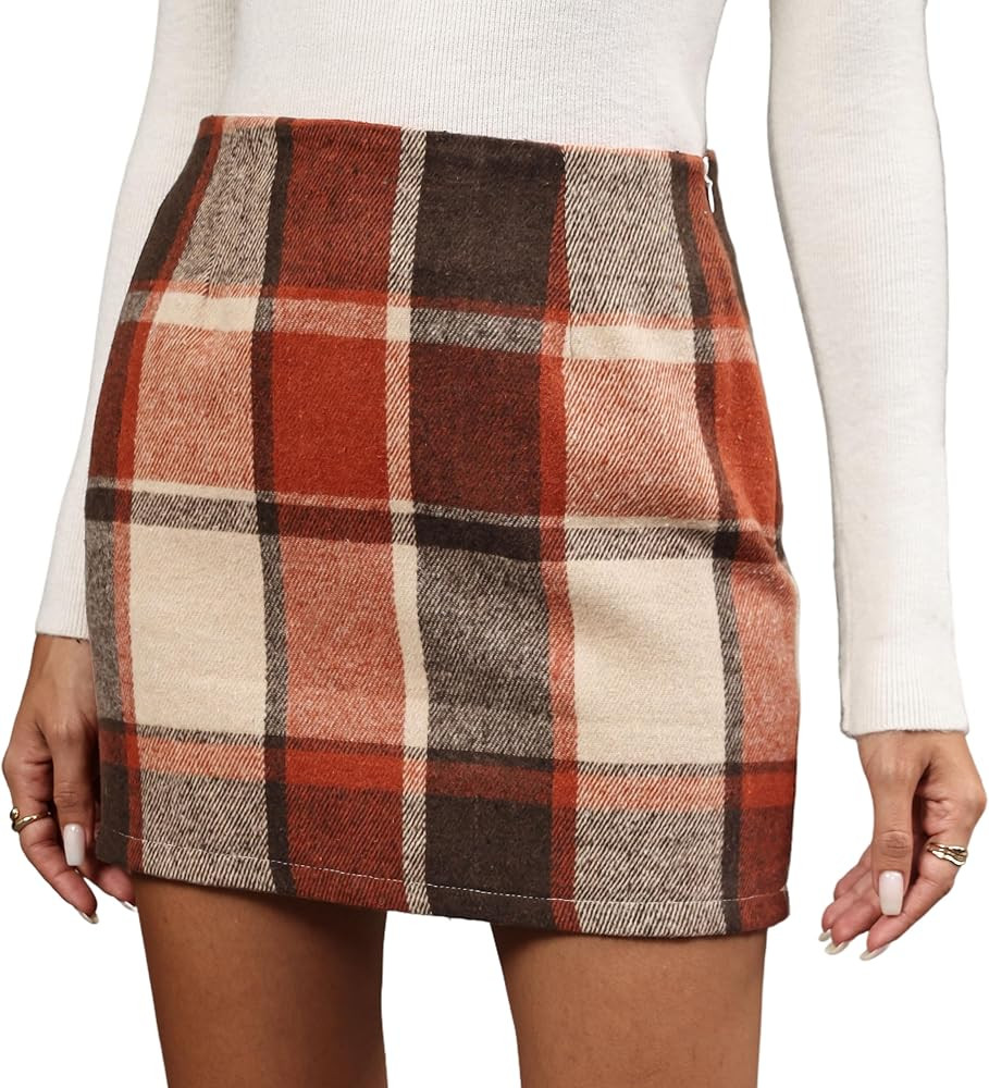 Women's Wool Plaid Flannel Mini Skirt High Waisted Pencil Bodycon Fall Winter Skirts | Amazon (US)