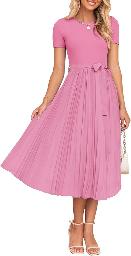 ZESICA Women's 2026 Summer Short Sleeve Midi Dresses Crewneck Knit Belted Pleated A Line Flowy We... | Amazon (US)