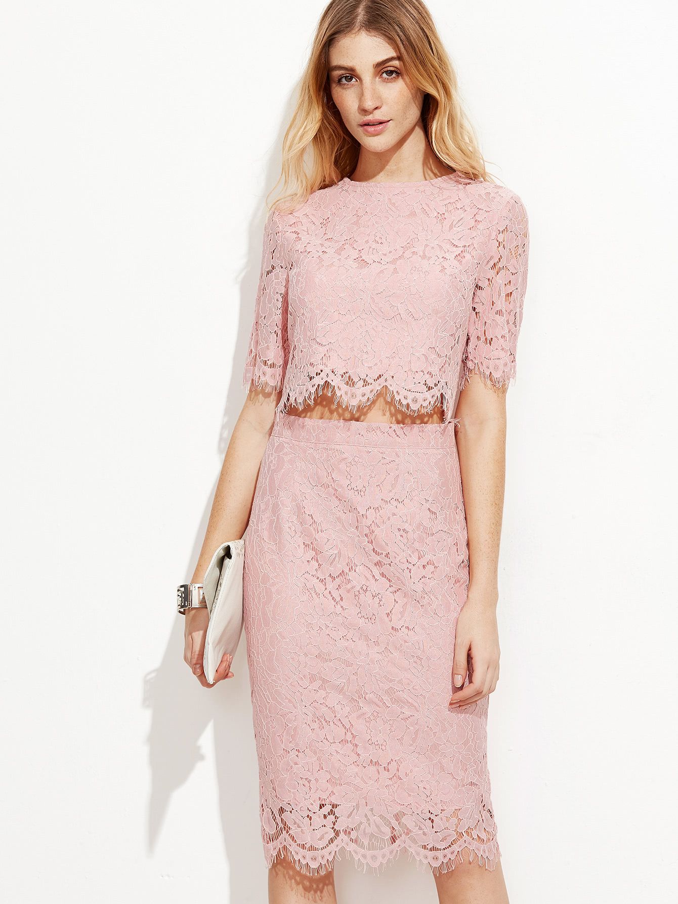 Pink Open Midriff Floral Lace Dress | SHEIN