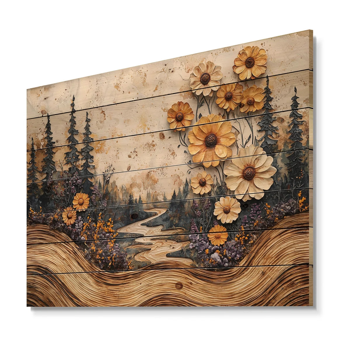Wildflowers Flowers On A Wood Slide River II - Wildflowers Wood Wall Art - On Natural Pine Wood | Wayfair North America