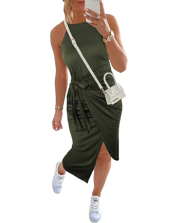 NOLLSOM Women Casual Sleeveless Striped Tank Midi Dresses Halter Neck Ruched Bodycon Dresses Tie ... | Amazon (US)