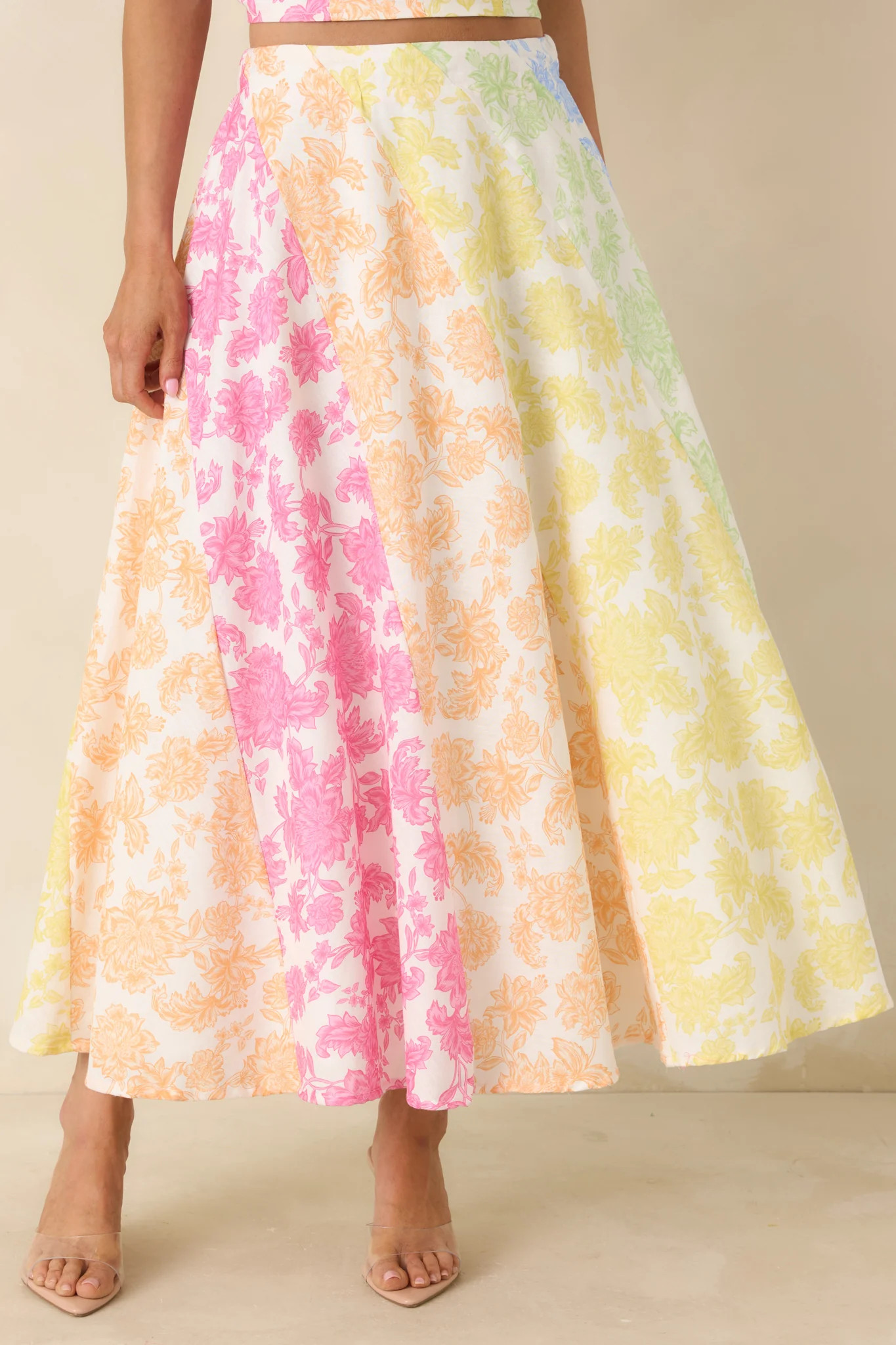 She’s a Rainbow Multi Floral Cotton Linen Midi Skirt | Red Dress