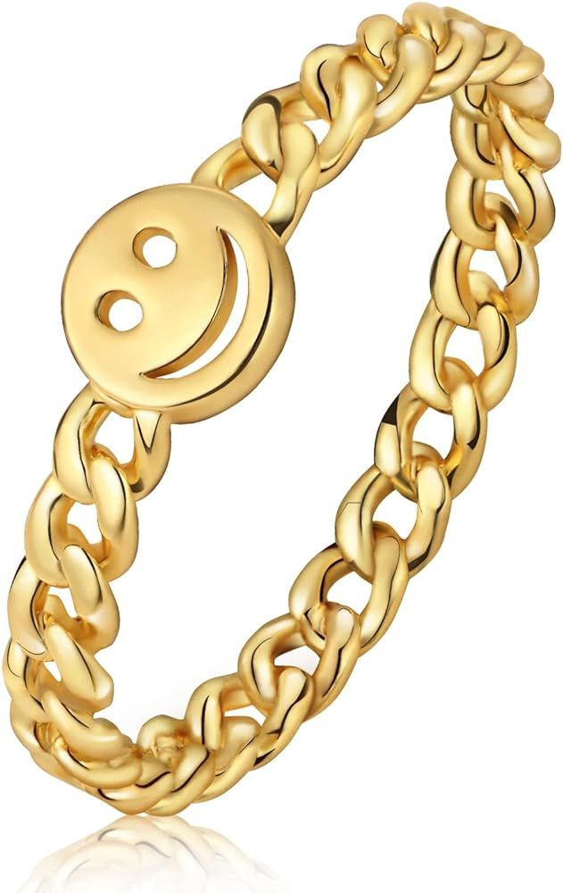 YeGieonr Women Good Luck Smiley Face Ring Happy Face Stackable Ring with Cute Chain Link Band | Amazon (US)