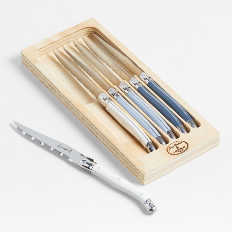 Jean Dubost Laguiole Mixed Blue Steak Knives, Set of 6 + Reviews | Crate & Barrel | Crate & Barrel