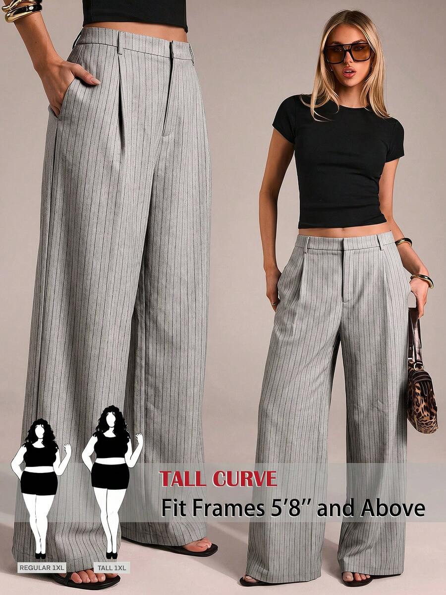 SHEIN Tall CURVE CURVE Plus Size Women's Light Blue Striped Wide Leg Pants,High-Waisted Pleated L... | SHEIN