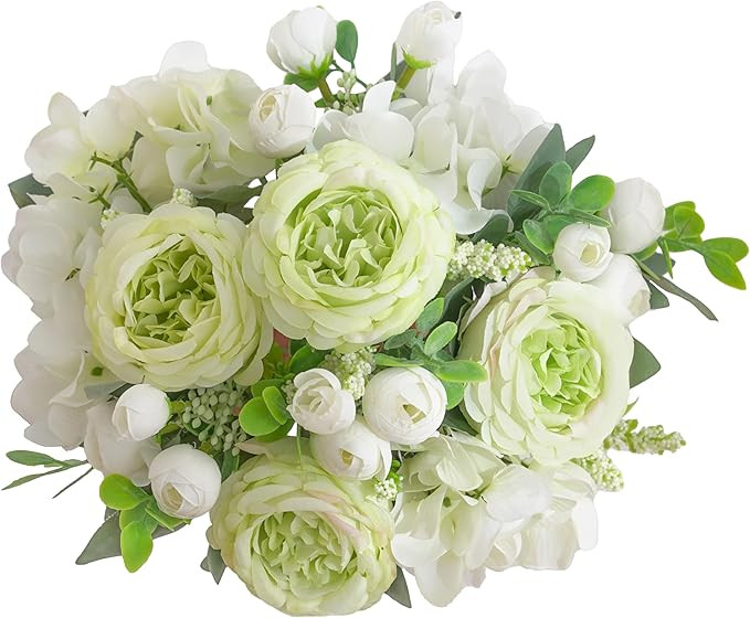 2 Bunches Green Peony Artificial Flowers for Decoration Small Faux Rose Fake Bouquet Silk Arrange... | Amazon (US)