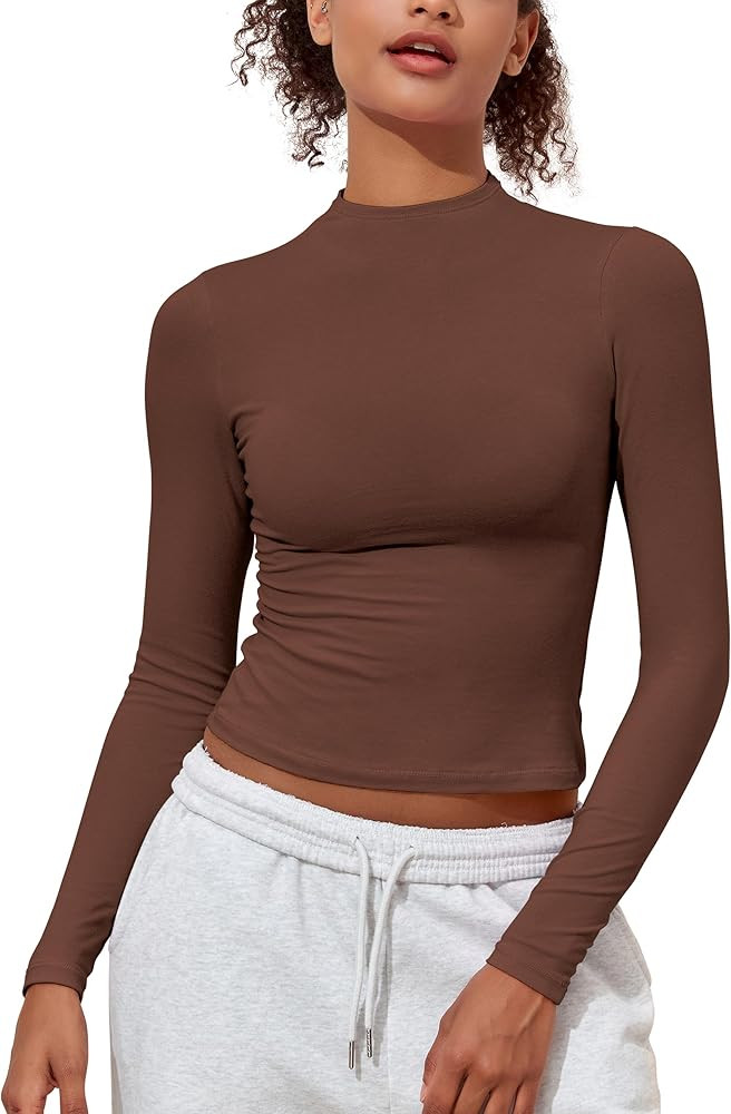PrettyGuide Women's Cotton Long Sleeve Shirts Mock Neck Basic Tee Tight Fitted Fall Y2K Crop Top ... | Amazon (US)