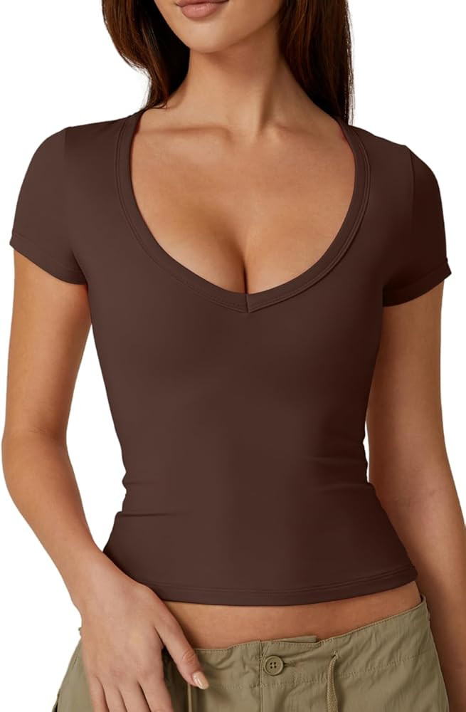 QINSEN Women's Sexy Deep V Neck T Shirts Double Lined Short Sleeve Crop Tops Casual Basic Going O... | Amazon (US)