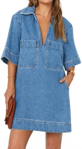 Fisoew Womens Denim Shirt Dress Summer Collared V Neck Mini Casual Jean Dresses with Pockets | Amazon (US)