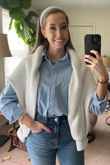 Preppy casual spring outfit 💙
.
Blue Oxford shirt button down shirt candy necklaces white sweater straight jeans 

#LTKfindsunder100 #LTKstyletip #LTKSeasonal