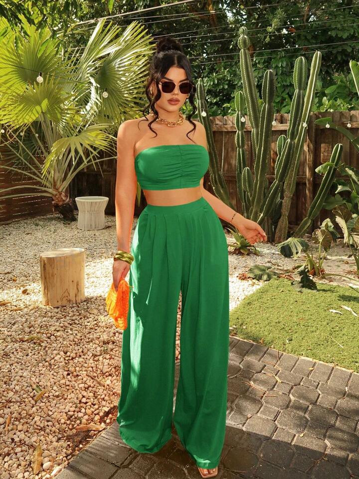 SHEIN SXY Women Fashionable Ruched Strapless Wide Leg Pants Set Summer Vacation Holiday Beach BOH... | SHEIN