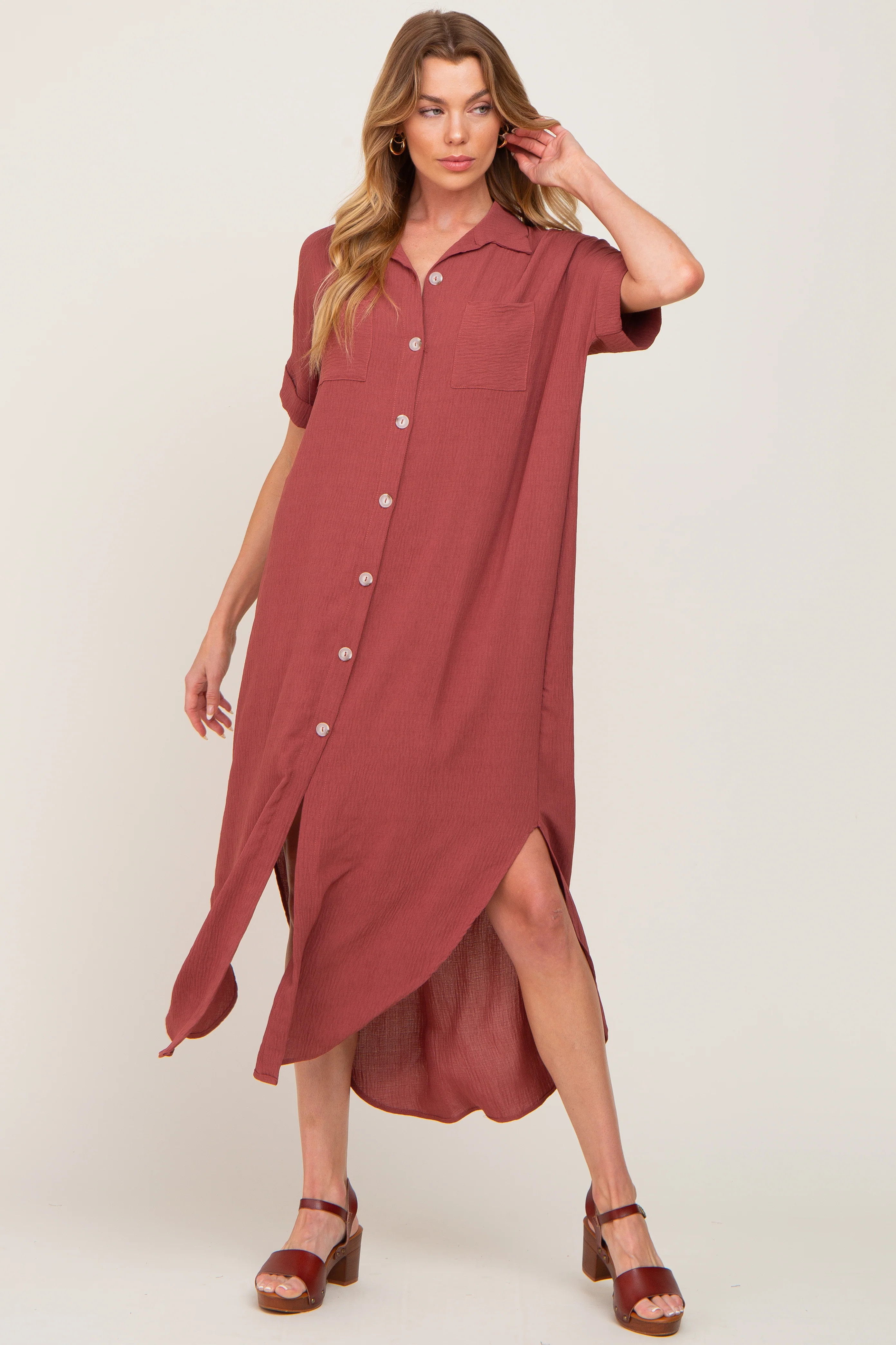 Rust Button Down Hi Low Maxi Dress | PinkBlush Maternity