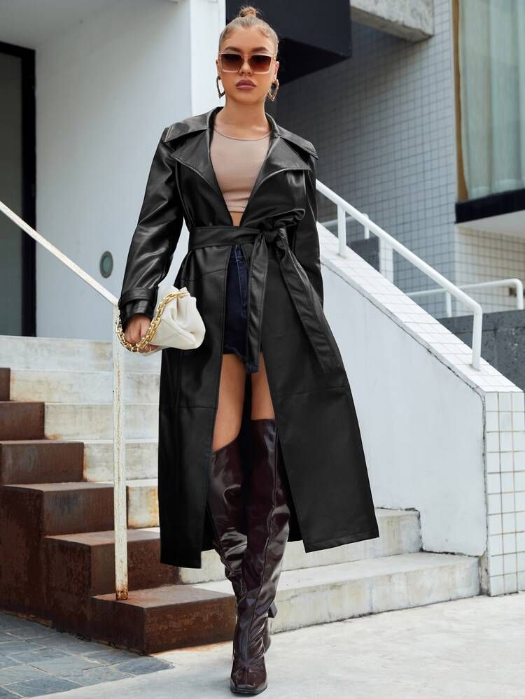 SHEIN Lapel Neck Belted PU Leather Longline Coat | SHEIN